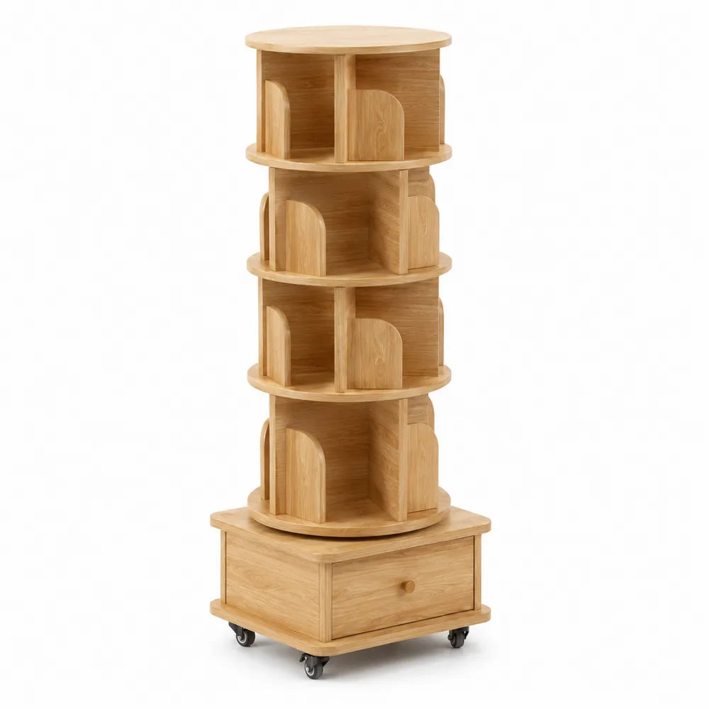 Étagère tournante en bois avec tiroir et roulettes, 160 cm