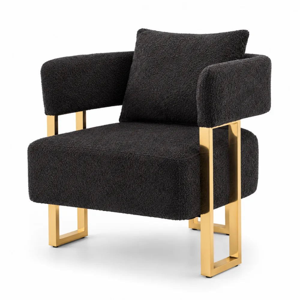 Fauteuil en tissu bouclette noir et métal doré