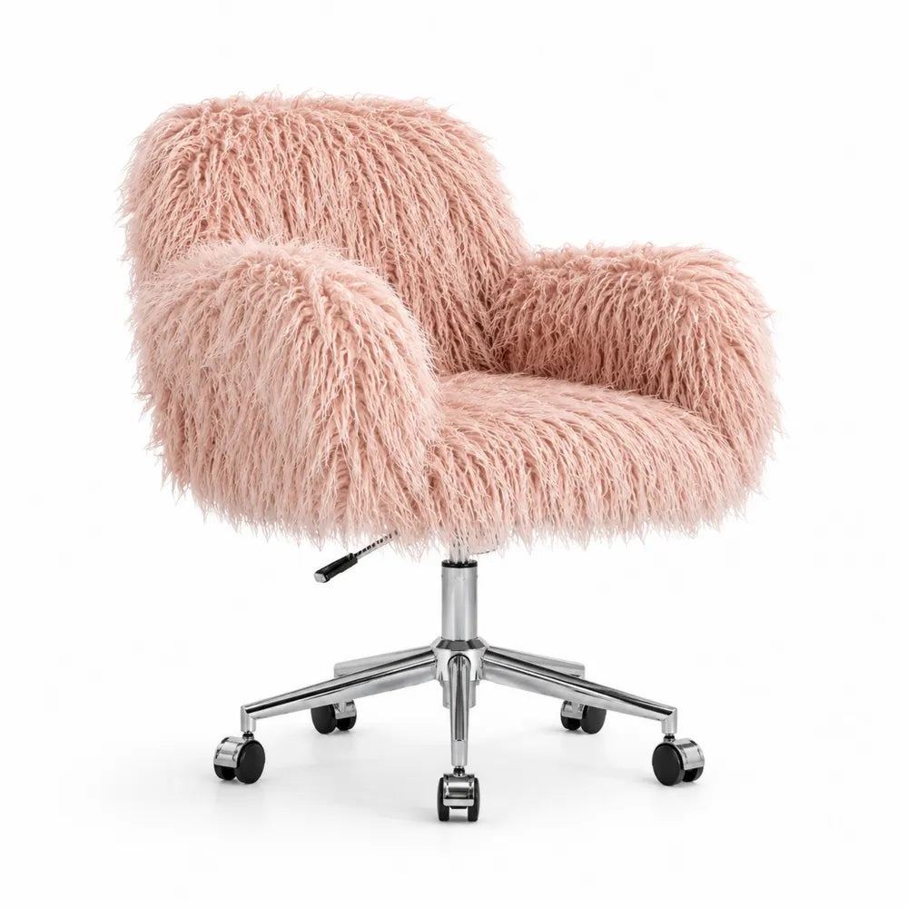 Chaise de Bureau en Fourrure Synthétique Rose avec Base en Métal Chromé