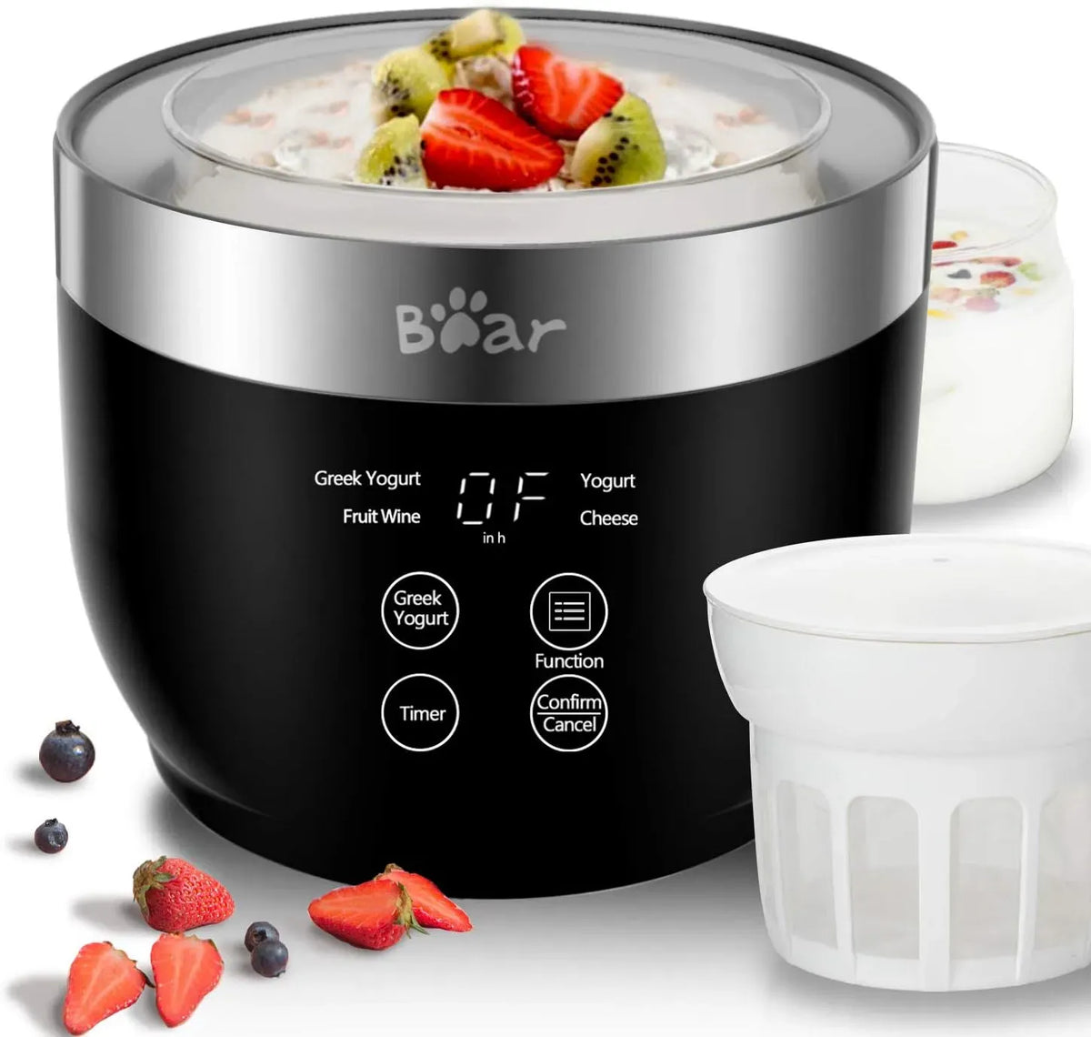 Bear Yaourtière, yaourtière grecque avec passoire et minuterie, numérique automatique avec 2 bocaux en verre de 1 litre pour yaourt bio maison, pot
