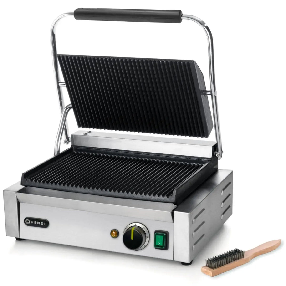 Gril de Contact Électrique, Plaques Rainurées en Fonte Émaillée, pour Plaque Panini Professionnel, 230V, 2200W, 430x375x, Acier Inox, 216mm