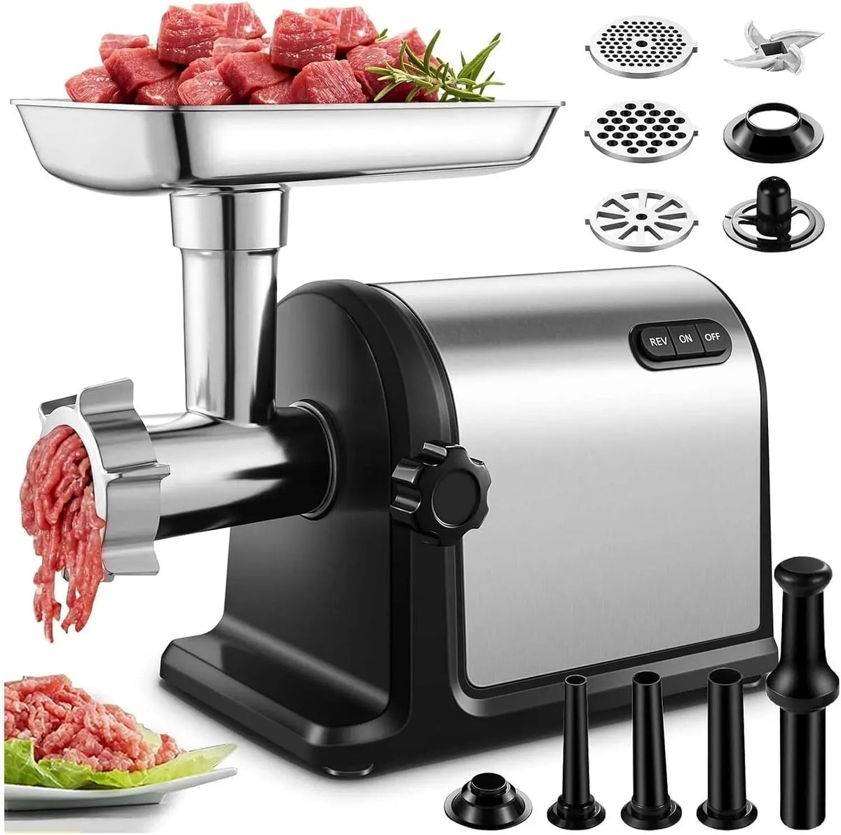 Hachoir à Viande Professionnel en Aluminium, pour la Cuisine et Le Commerce, Hachoir à Viande électrique 1500 W, avec 2 Lames en Acier Inoxydable et 4