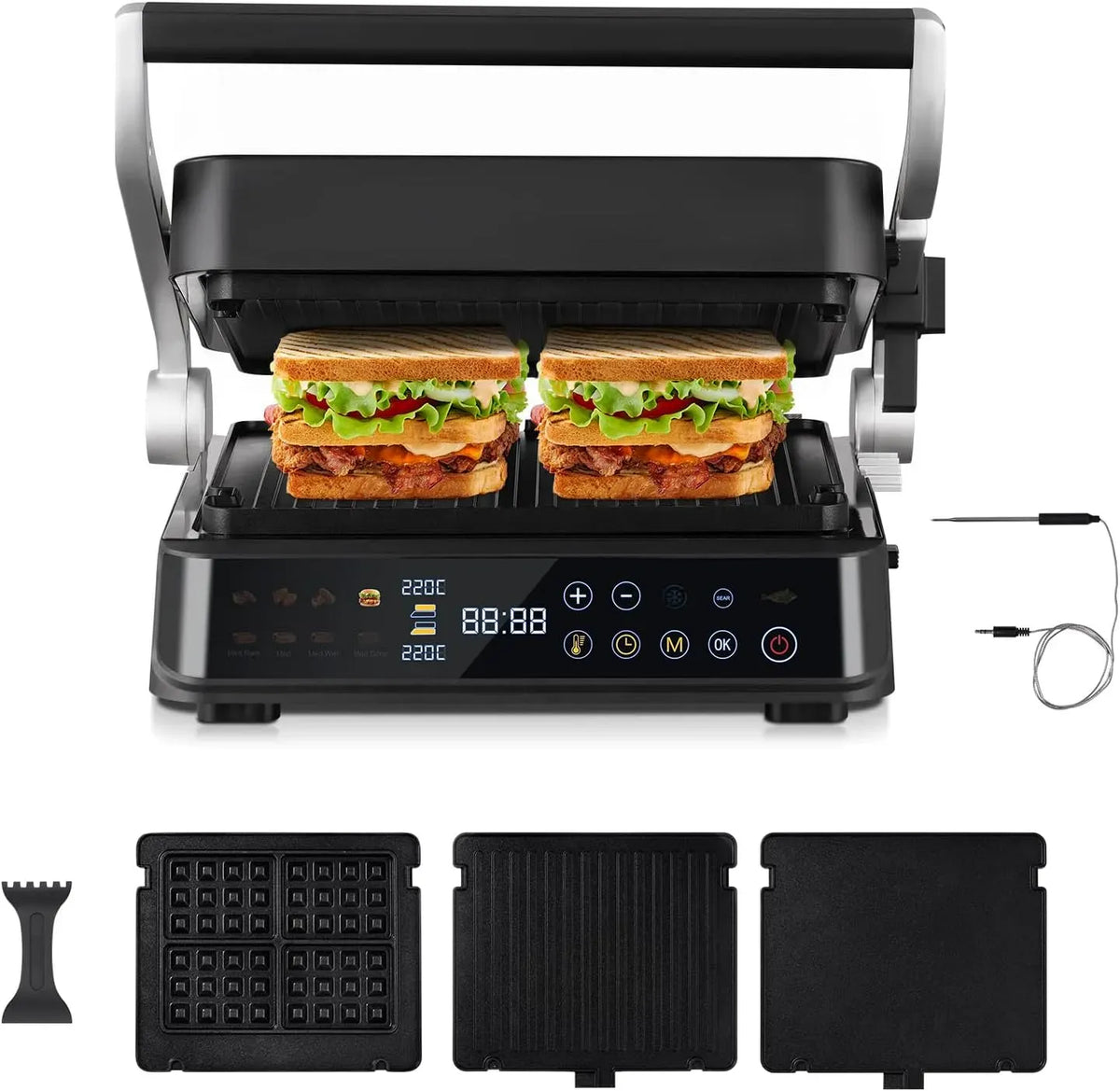4-en-1 Capteur, Grill, gril à panini et croque-monsieur, 2 foyers, 2000 W, 6 programmes, Boost, amovible, AMZCHEF XL