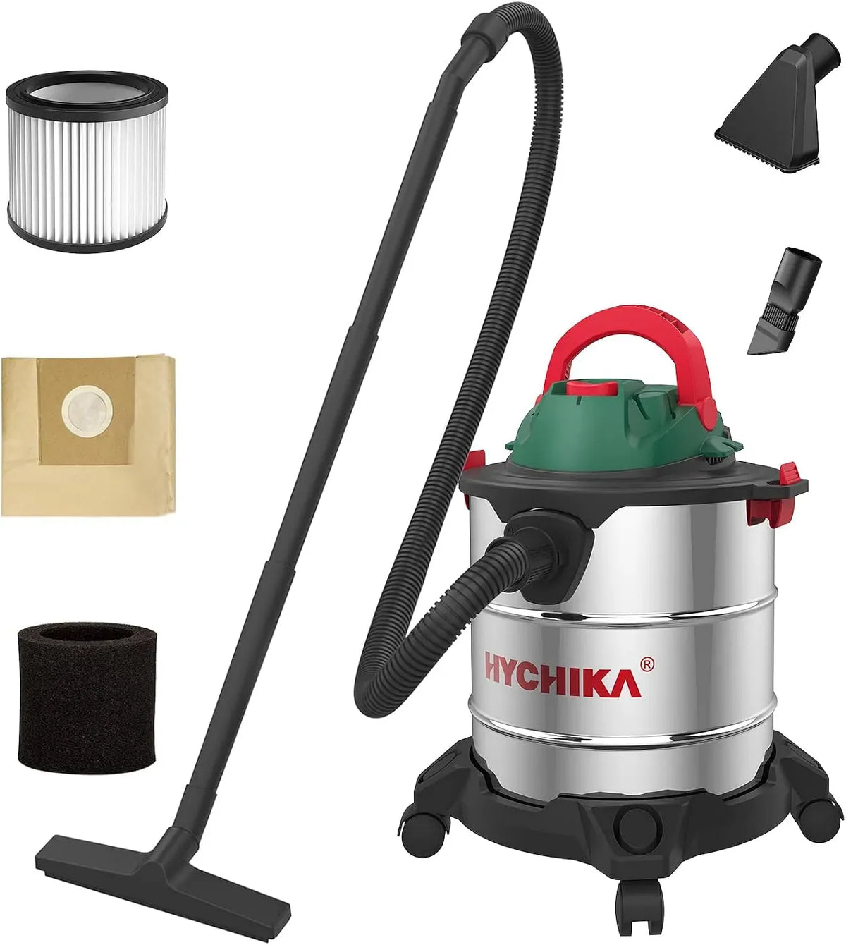 Aspirateur, 20 L, 1200 W, HYCHIKA, grand réservoir, acier inoxydable, Filtre HEPA et Accessoires