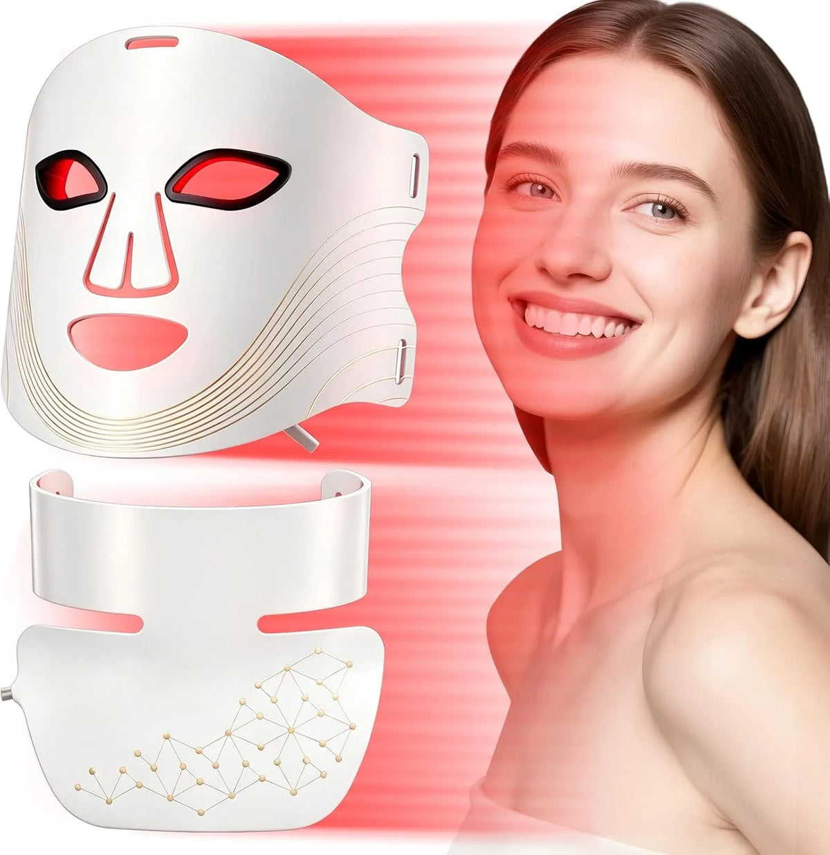 Rajeunissement, Masque Visage et Cou de Luminothérapie LED, pour Arrêt Automatique, 312 LEDs, Minuterie 5 à 20 Min, Masque LED pour Visage et Cou avec