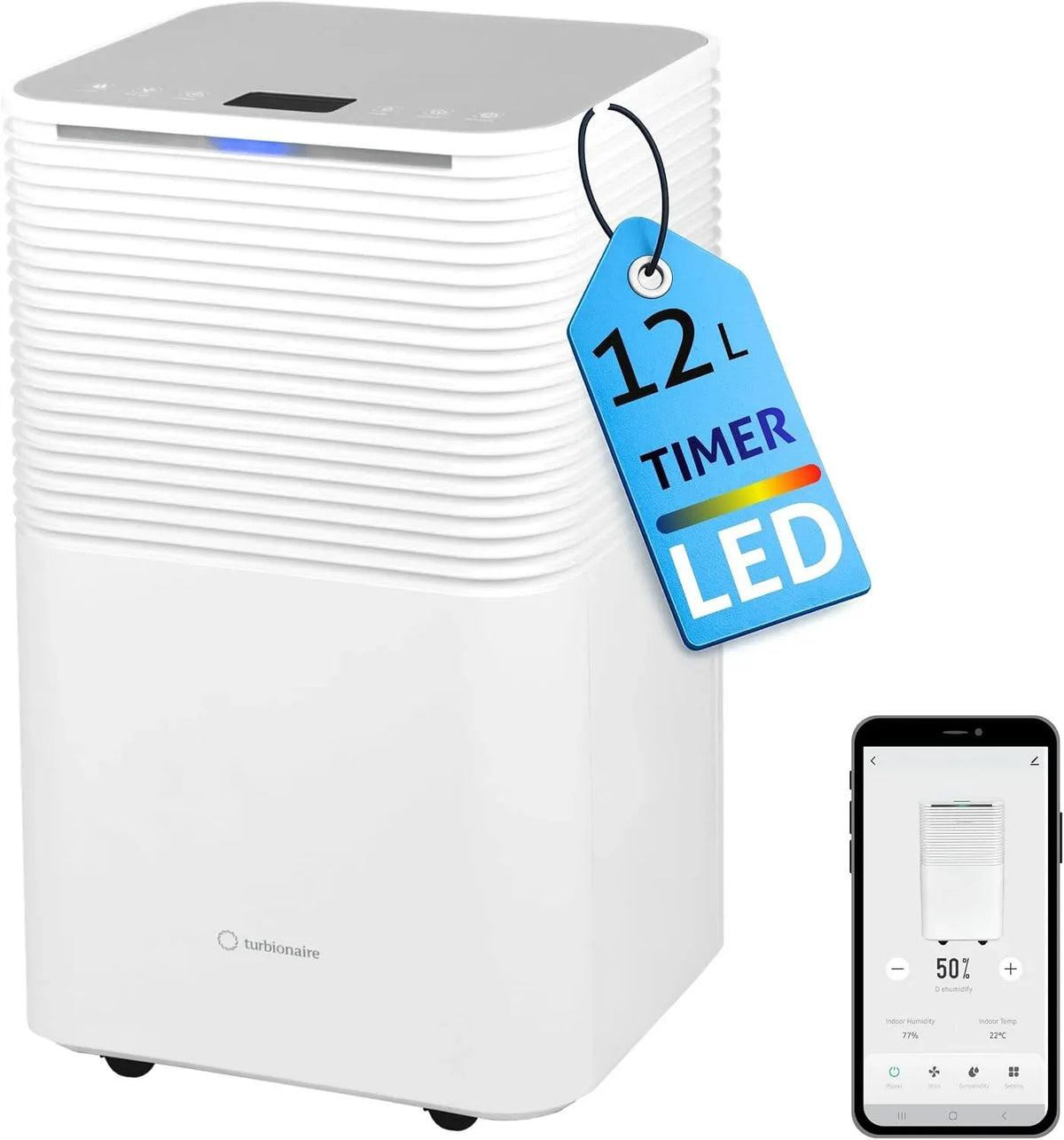 Déshumidificateur 24h, 2 L, minuteur, Wi-Fi, grand réservoir, silencieux, Idéal pour 20-35 m², APP