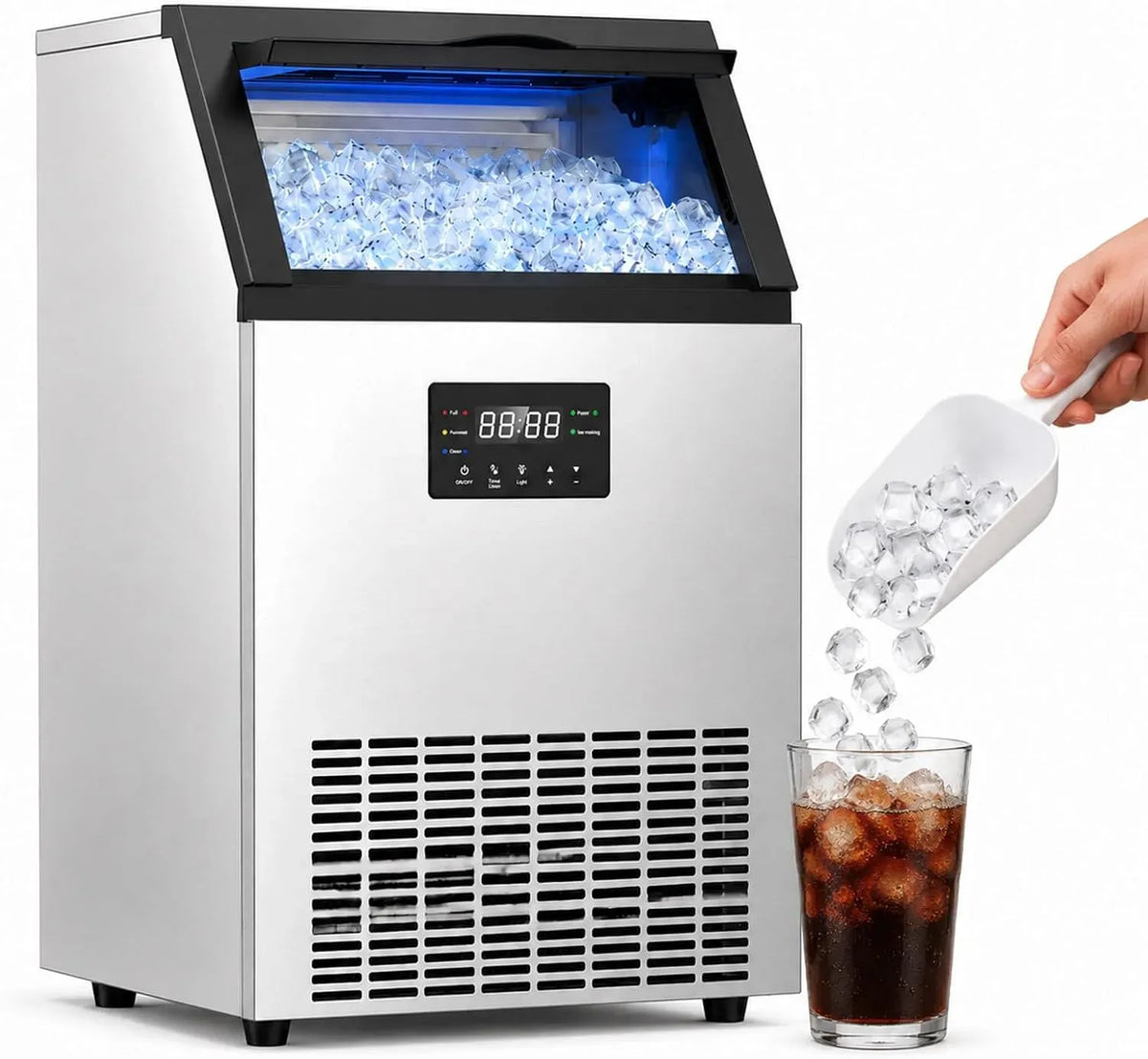 Machine à glaçons 45-60kg/24H Cubes/8Min, encastrable, minuteur, professionnel, acier inoxydable, pour Bar Café 45IceCubes, à Encastrer ou à Poser