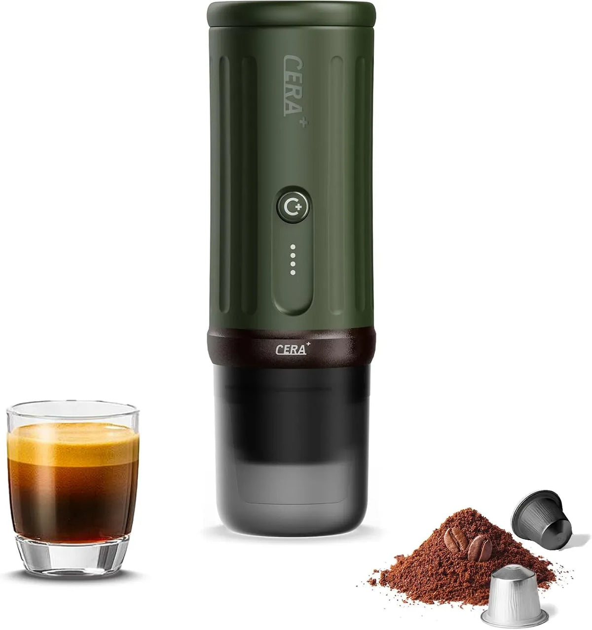 Machine à expresso, CERA+, portable, camping, vert, 20 bar, dosettes NS et café moulu