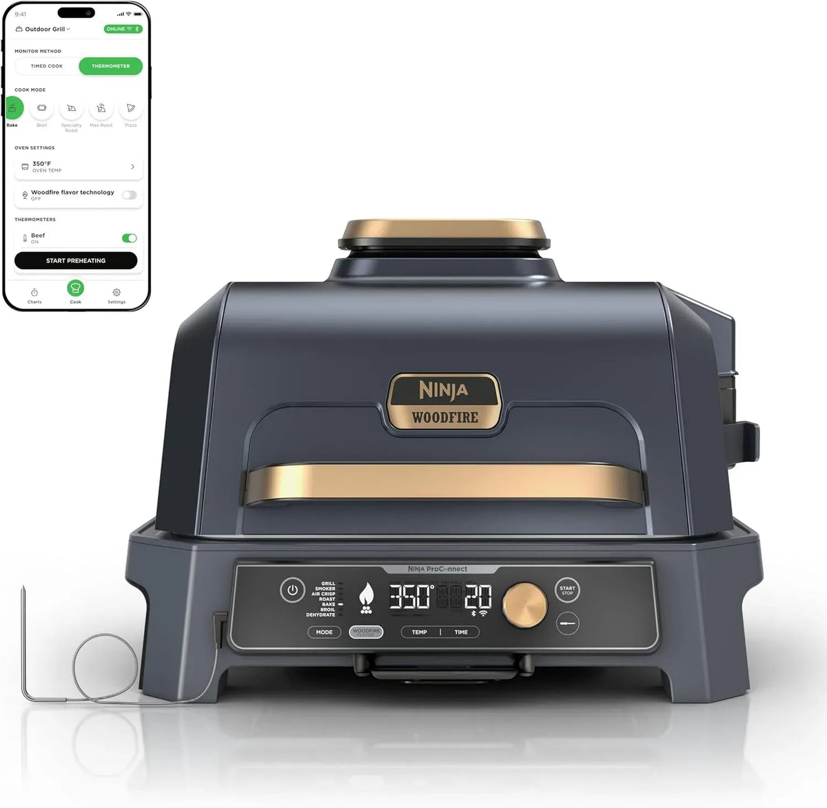 Ninja OG951BL1 Friteuse à air chaud, extérieur, Bluetooth, application, Woodfire Pro Connect XL Barbecue d'extérieur et fumoir, Barbecue 7 en 1