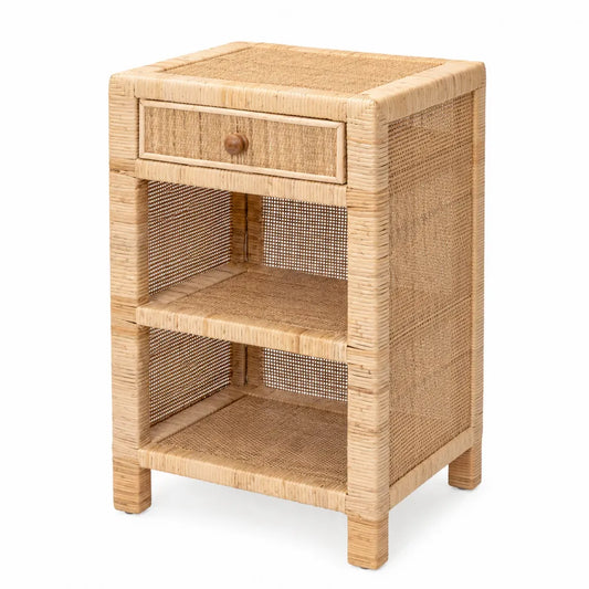 Table de chevet en rotin naturel avec tiroir et étagères 40x30x60cm