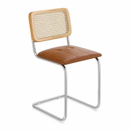 Chaise en bois et métal avec assise en cuir marron