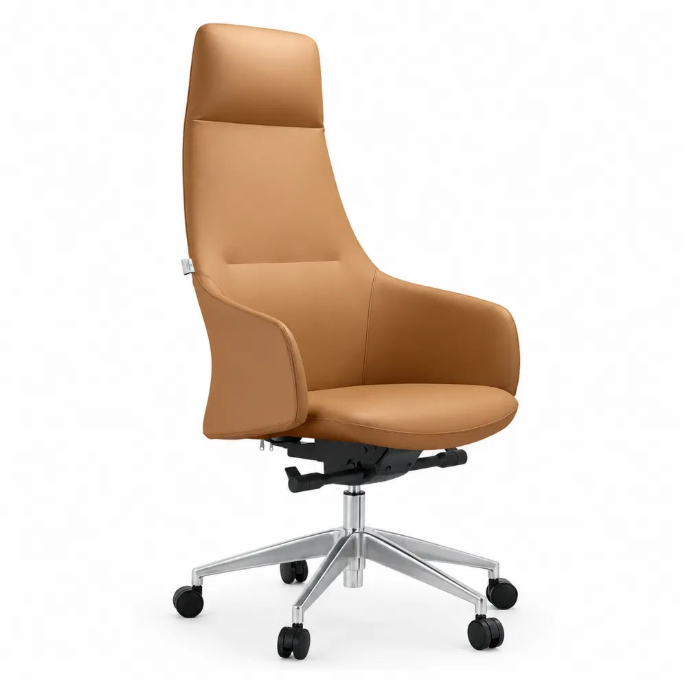 Chaise de bureau en cuir synthétique marron avec base en aluminium