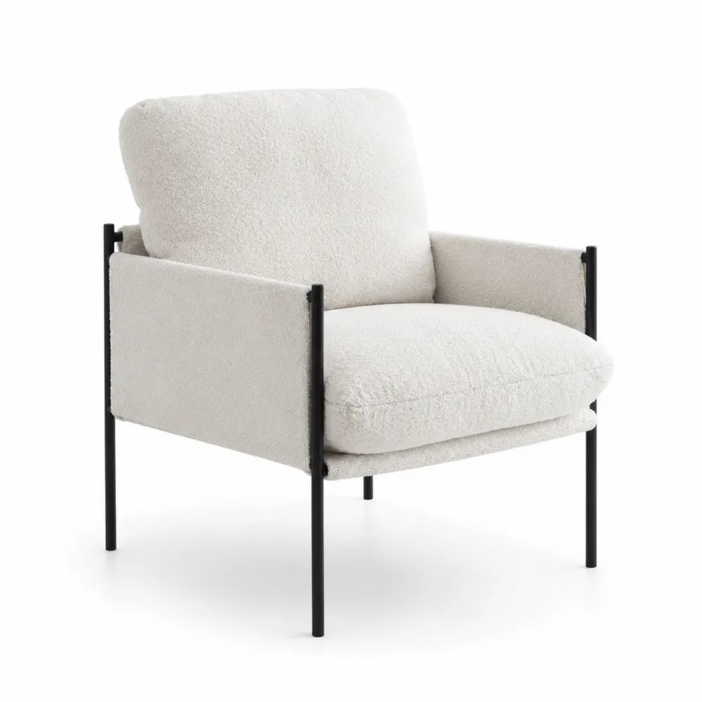 Fauteuil en tissu bouclé blanc avec cadre métallique noir