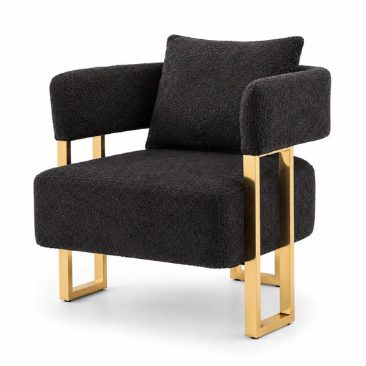 Fauteuil en tissu bouclette noir et métal doré