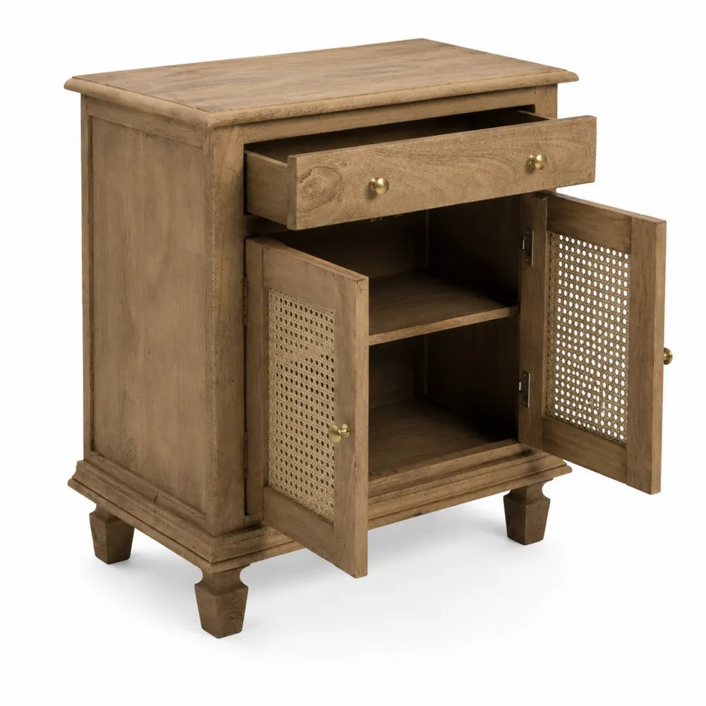 Table de chevet en bois avec tiroir et portes en canne