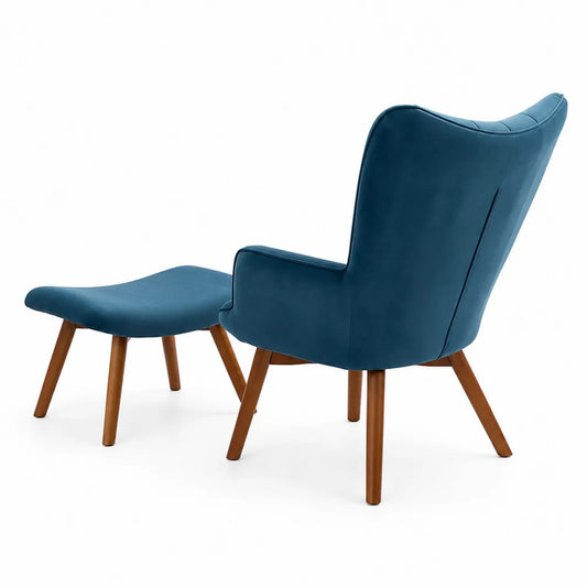 Fauteuil en Bois avec Repose-pieds en Velours Bleu