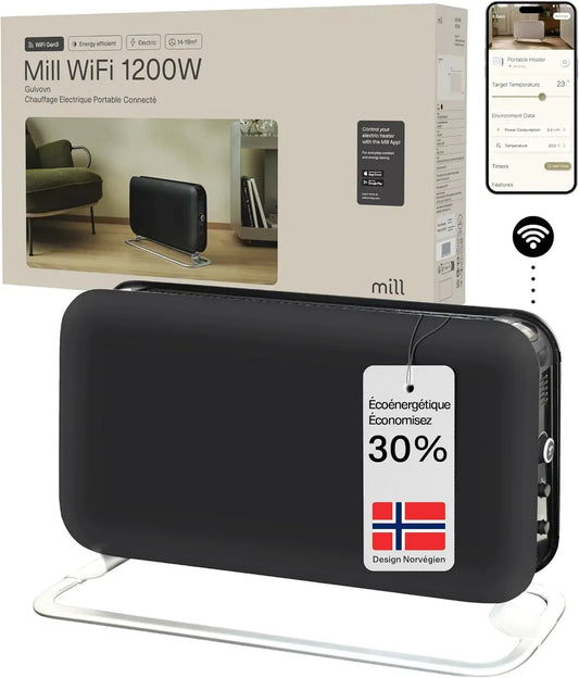 Radiateur électrique, 1200 W, portable, Wi-Fi, silencieux, 2 zones de température, noir