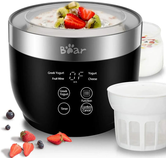 Bear Yaourtière, yaourtière grecque avec passoire et minuterie, numérique automatique avec 2 bocaux en verre de 1 litre pour yaourt bio maison, pot