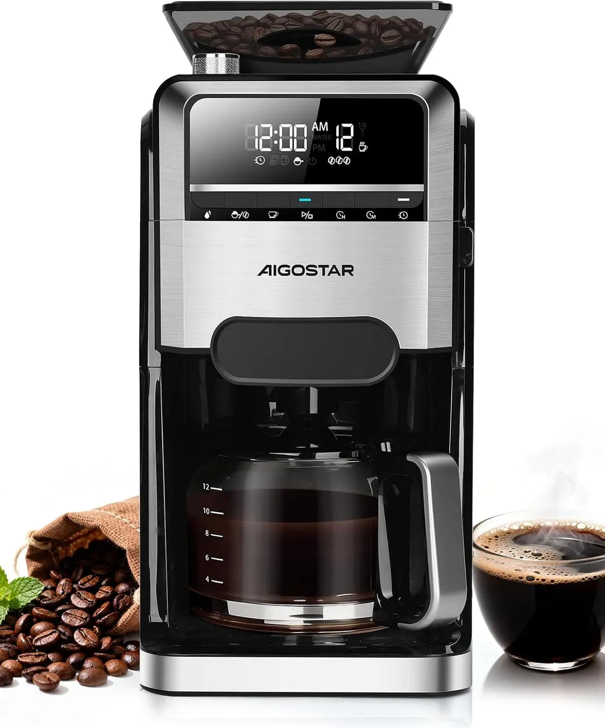 Cafetière électrique 24H, 1,5 L, 1400 W, dimensions personnalisables, 2 zones de température, noir, 2-12 Tasses, 1400W Machine a Cafe Grain