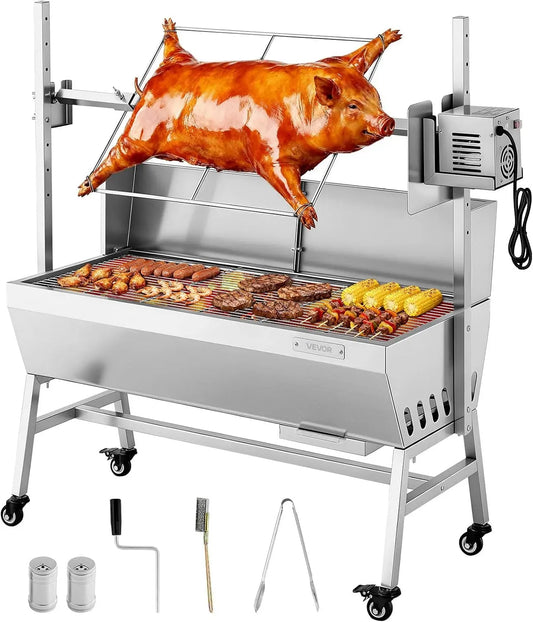 VEVOR Barbecue, 38 W, 60 kg, extérieur, camping, acier inoxydable, 7 Niveaux, bois, pour Agneau Porcelet