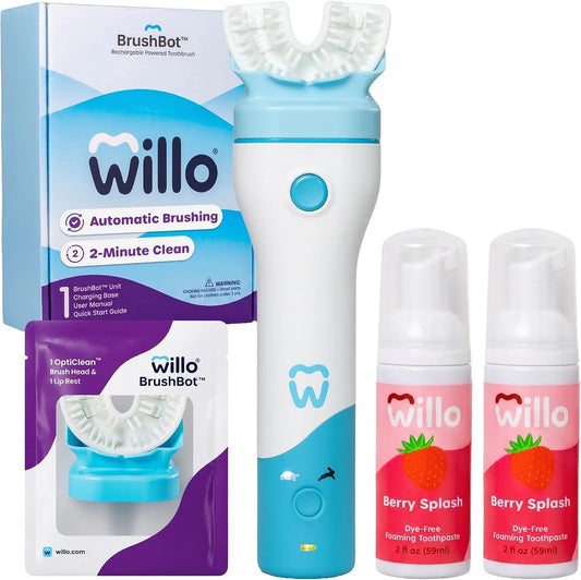 brosse, minuteur, application, pour enfants, Willo BrushBot Kit de démarrage de brosse à dents en forme de U pour enfants