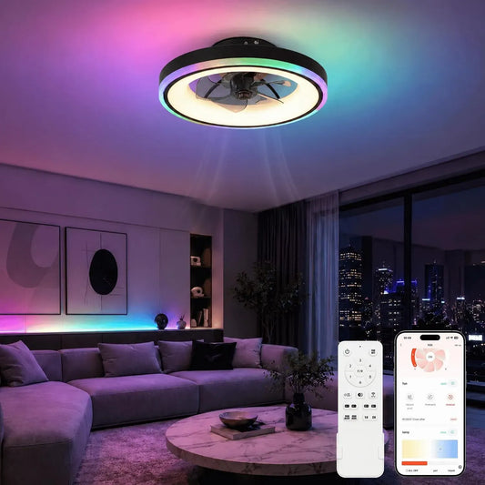 Ventilateur, 50cm, RGB, minuteur, décoration de salon, silencieux, noir, APP, 6 Vitesses