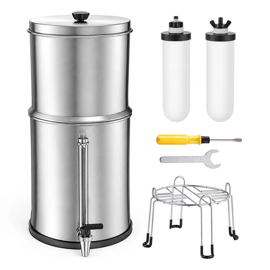équipé de 2 filtres, pour la maison, Système de filtration d'eau par gravité en acier inoxydable, 8,5 L, argent