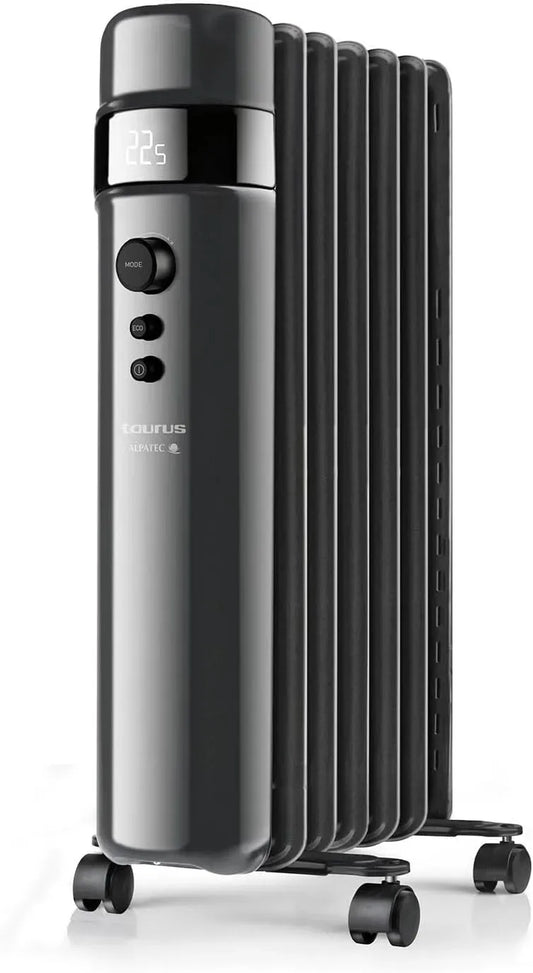 Taurus Radiateur électrique, 1500 W, minuteur, thermostat, 3 niveaux, noir, Thermostat réglable, 7 éléments, 3 niveaux de puissance, Mode ECO