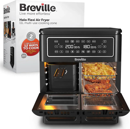Four électrique VDF130X, 11 L, 2400 W, gril, noir, Breville friteuse sans huile Flexi Halo, 11 L Air Fryer : 10+ personnes