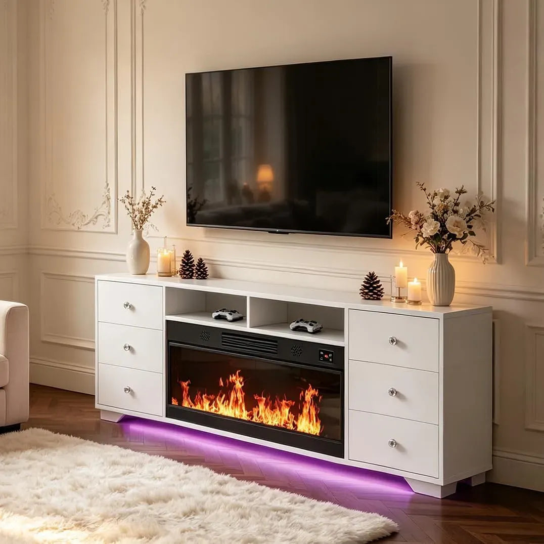 Meuble TV, 140x65x40cm, FENCHILIN RGB 6, pose libre, 140x 5x40cm Cheminée électrique avec 13 couleurs de flamme