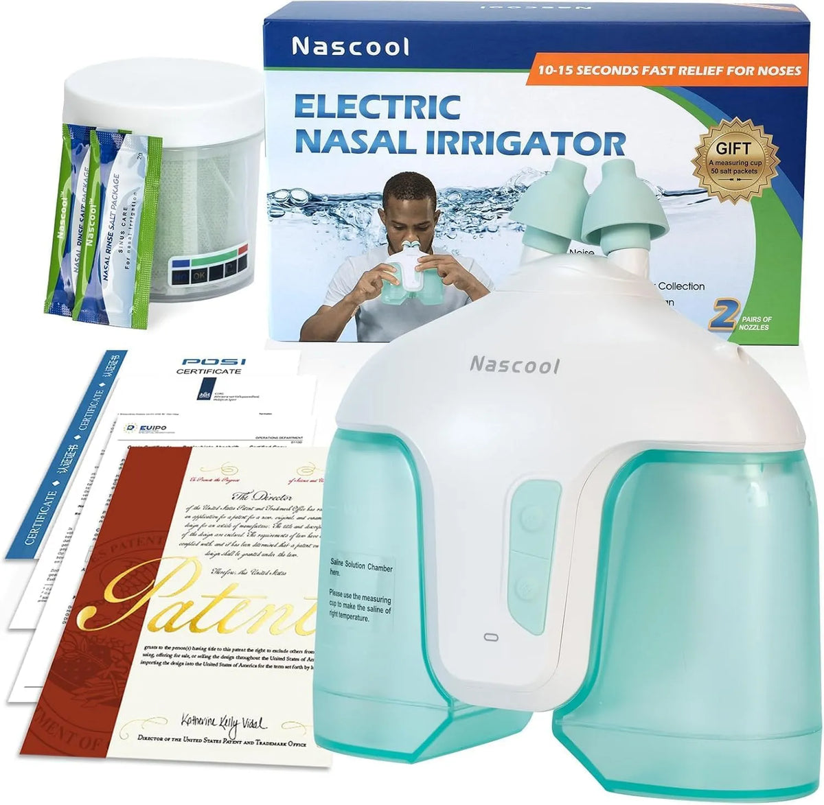 vert, Nascool Système d'irrigation nasale électrique pour soulager les symptômes des sinus adultes équipé de 50 paquets de solution saline