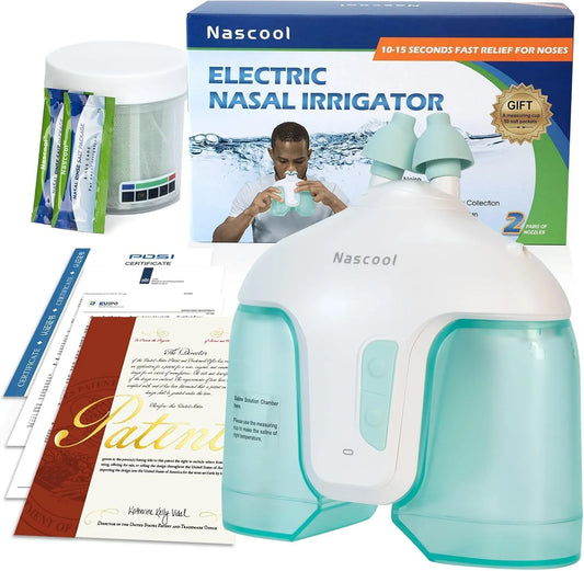 vert, Nascool Système d'irrigation nasale électrique pour soulager les symptômes des sinus adultes équipé de 50 paquets de solution saline