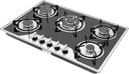Cuisinière avec four, 77cm, 5 foyers, encastrable, Plan de Cuisson 63% Rendement pour Famille, Table Gaz Encastrable Vitrocéramique Noire