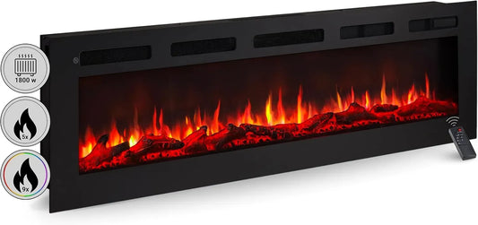Radiateur électrique, 60 pouces, 2000 W, BALDERIA, encastrable, minuteur, éclairage LED, thermostat, effet 3D, noir, cheminée électrique Leif 60'