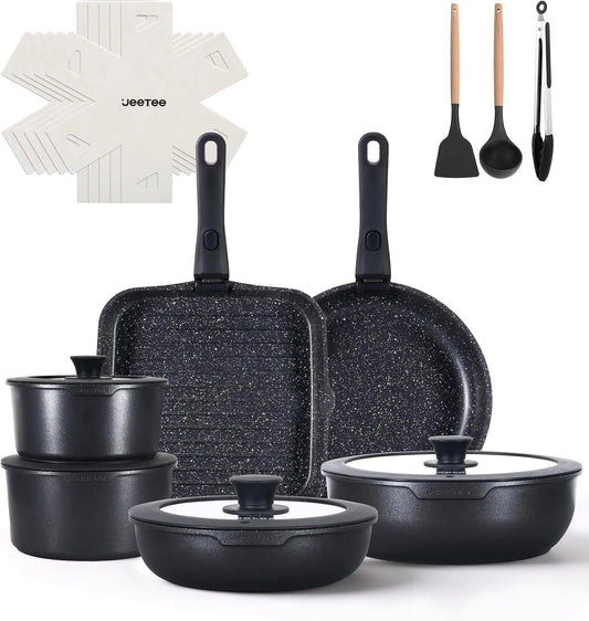 Batterie, batterie de casseroles et poêles, amovible, 19 Pièces, Cuisine 19 Pièces Antiadhésive avec Poi, JEETEE