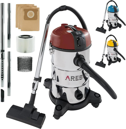 Aspirateur, 30 L, 1300 W, AREBOS 5en1, industriel, acier inoxydable, rouge