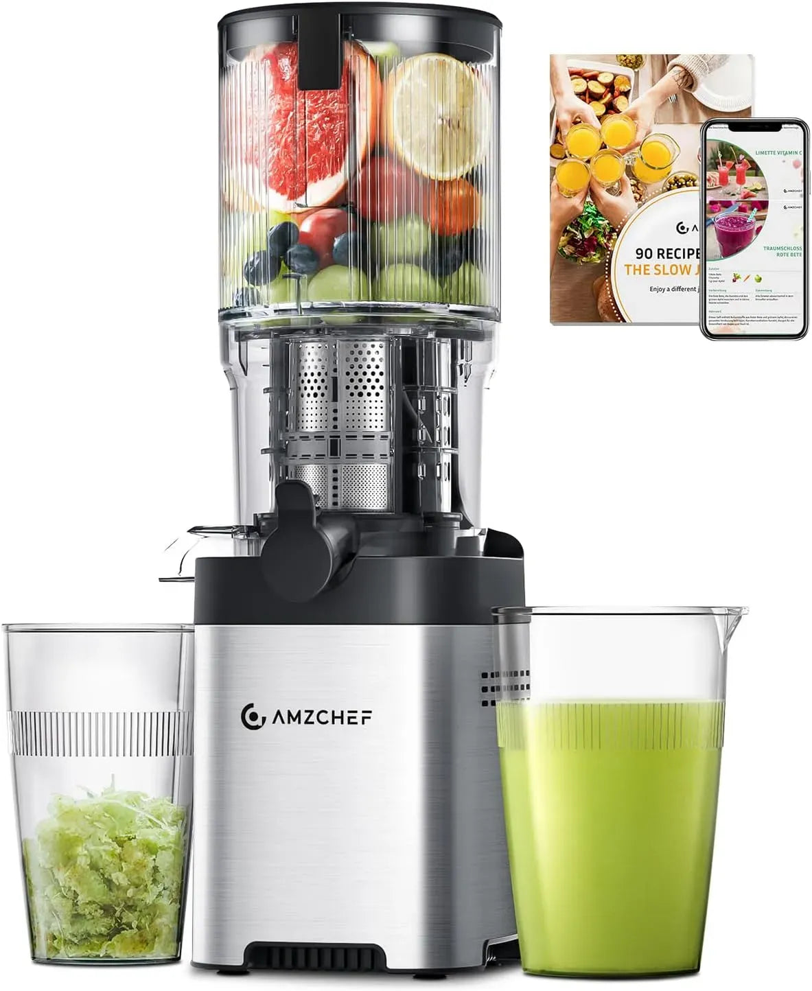 Extracteur de jus, AMZCHEF, acier inoxydable, presse-agrumes et extracteur, Trous D'alimentation Larges De 126 Mm Pour Les Fruits Et Légumes Entiers