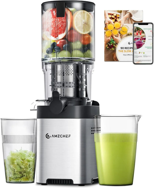 Extracteur de jus, AMZCHEF, acier inoxydable, presse-agrumes et extracteur, Trous D'alimentation Larges De 126 Mm Pour Les Fruits Et Légumes Entiers