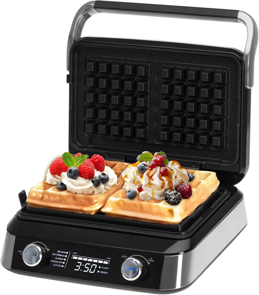 Gaufrier belge, Gaufrier double avec écran LCD, 2400W pour gaufres au beurre et gaufres au chocolat, 5 programmes, 7 niveaux de grillage
