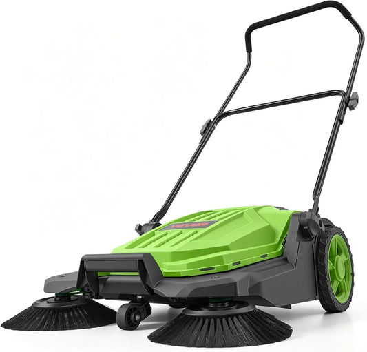 VEVOR Non Électrique, Poignée Pliable Réglable, pour Jardins, Balayeuse Manuelle à Pousser Balayeuse Mécanique Balayage 650mm Vert, avec Bac à Déchets