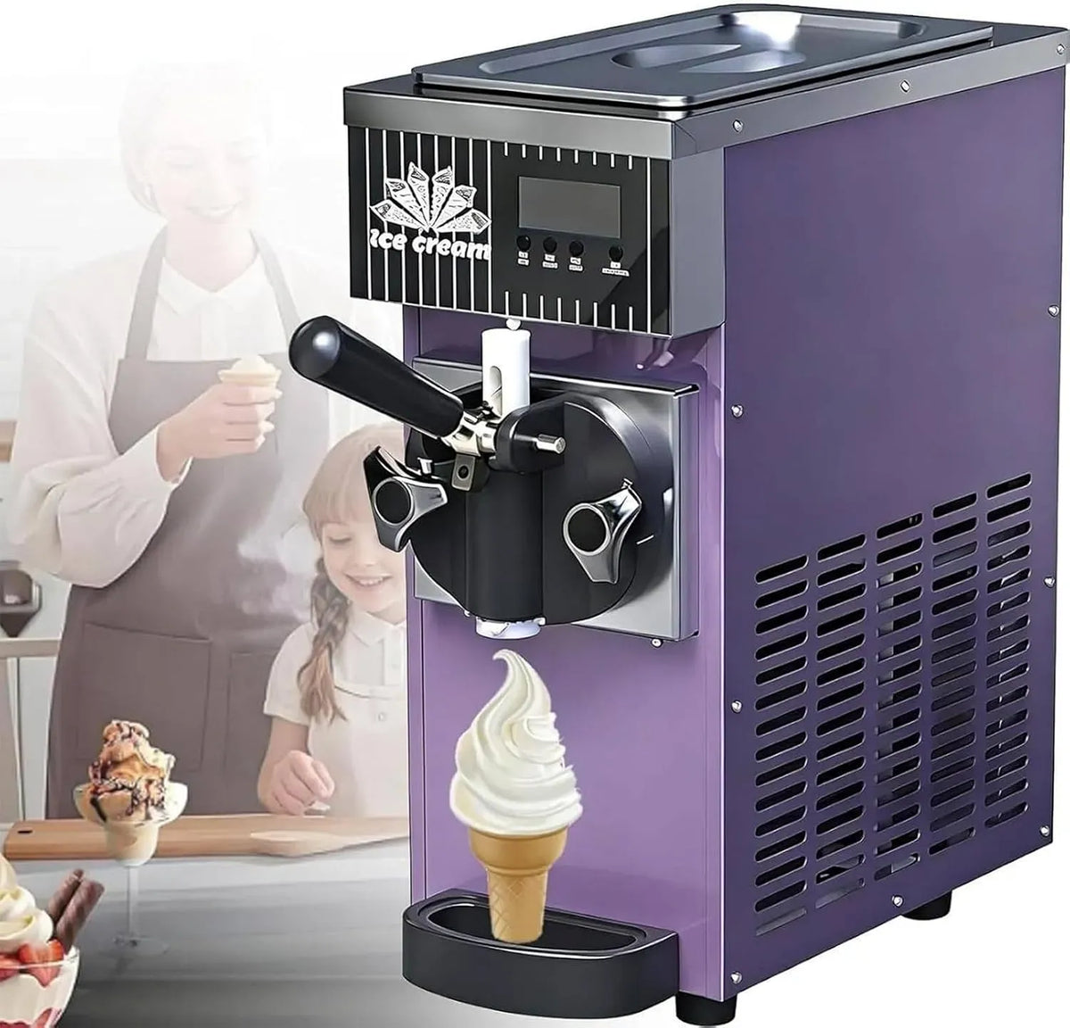 Machine à glace, 2,5 L, 450 W, /h, 1 L, LED, /h, Machine à glace italienne 450 W avec écran LED et débit 4–/h Purple