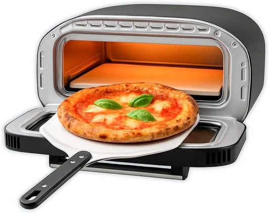 Four électrique à pizza, 420 W, BEHOME, pelle et pierre réfractaire inclus, cuisson uniforme et mode pour pizza Napolitaine, pizza en 2 min, 430°C