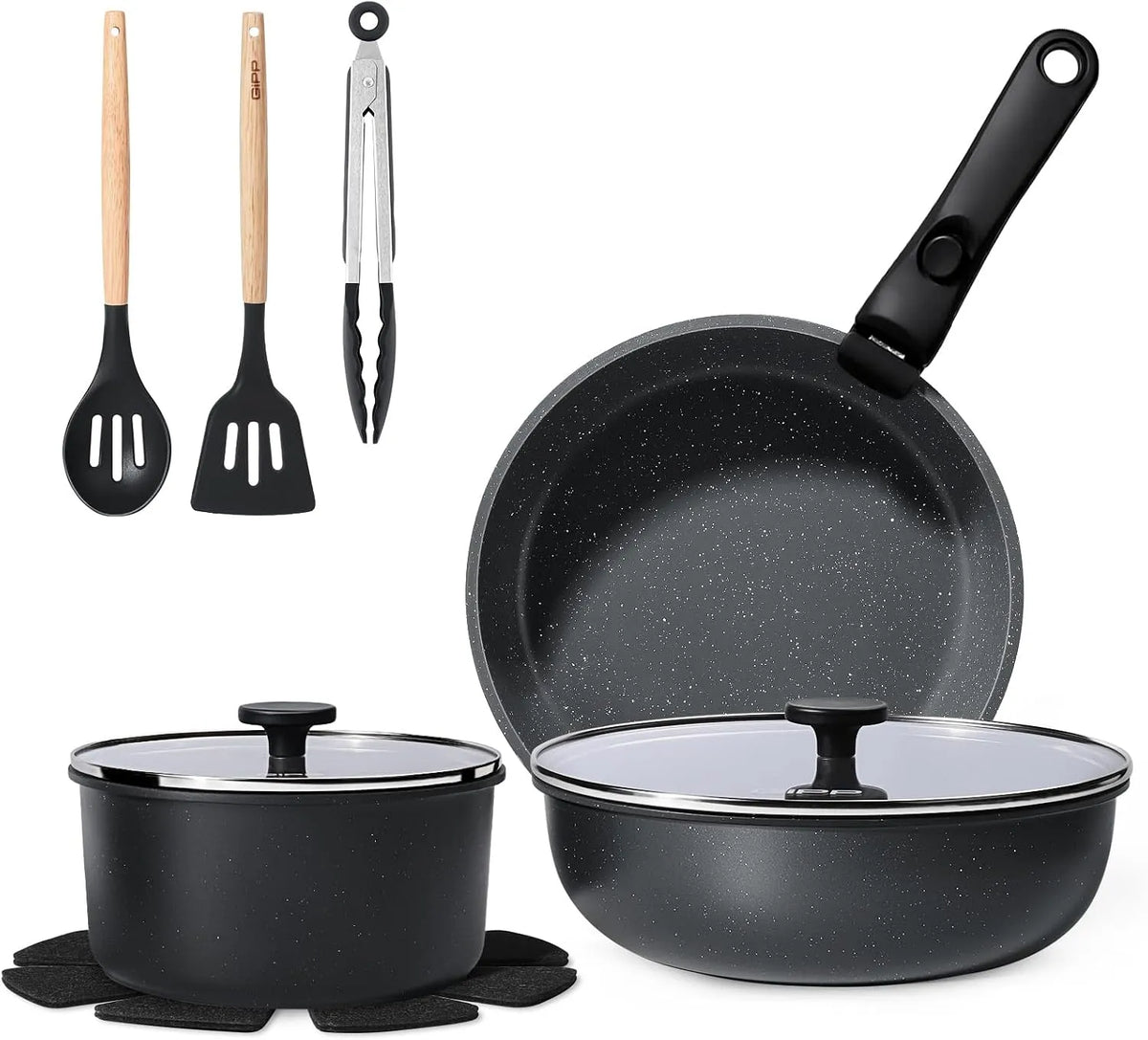 Ustensile de cuisson, amovible, noir, ustensile de cuisine, GiPP 11 PCS Set de Casseroles et Poele Induction et Poignée Amovible