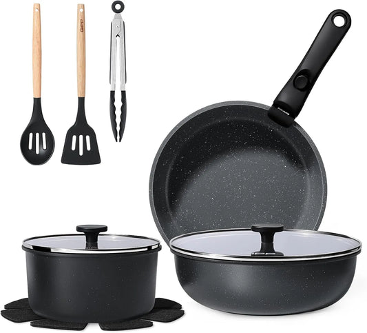 Ustensile de cuisson, amovible, noir, ustensile de cuisine, GiPP 11 PCS Set de Casseroles et Poele Induction et Poignée Amovible