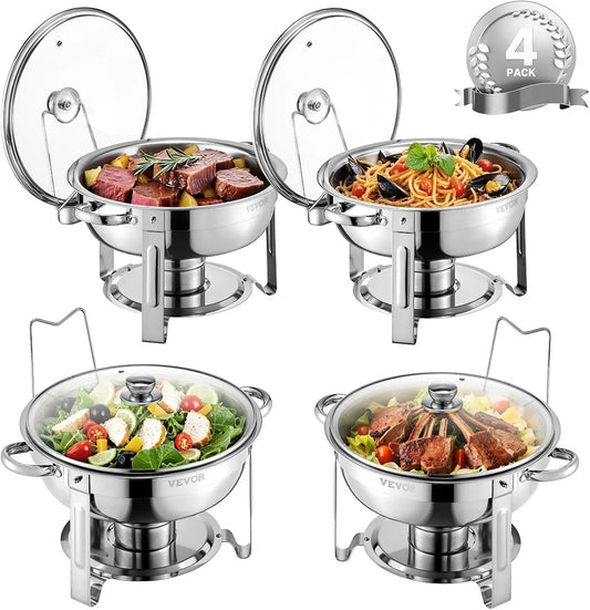 VEVOR 4PCs Buffet Chauffant Rond, Réchaud en Acier Inoxydable, Chauffe-Plat 4,7 L, avec 4 Bacs Pleine Grandeur et Couvercle en Verre, pour Buffet