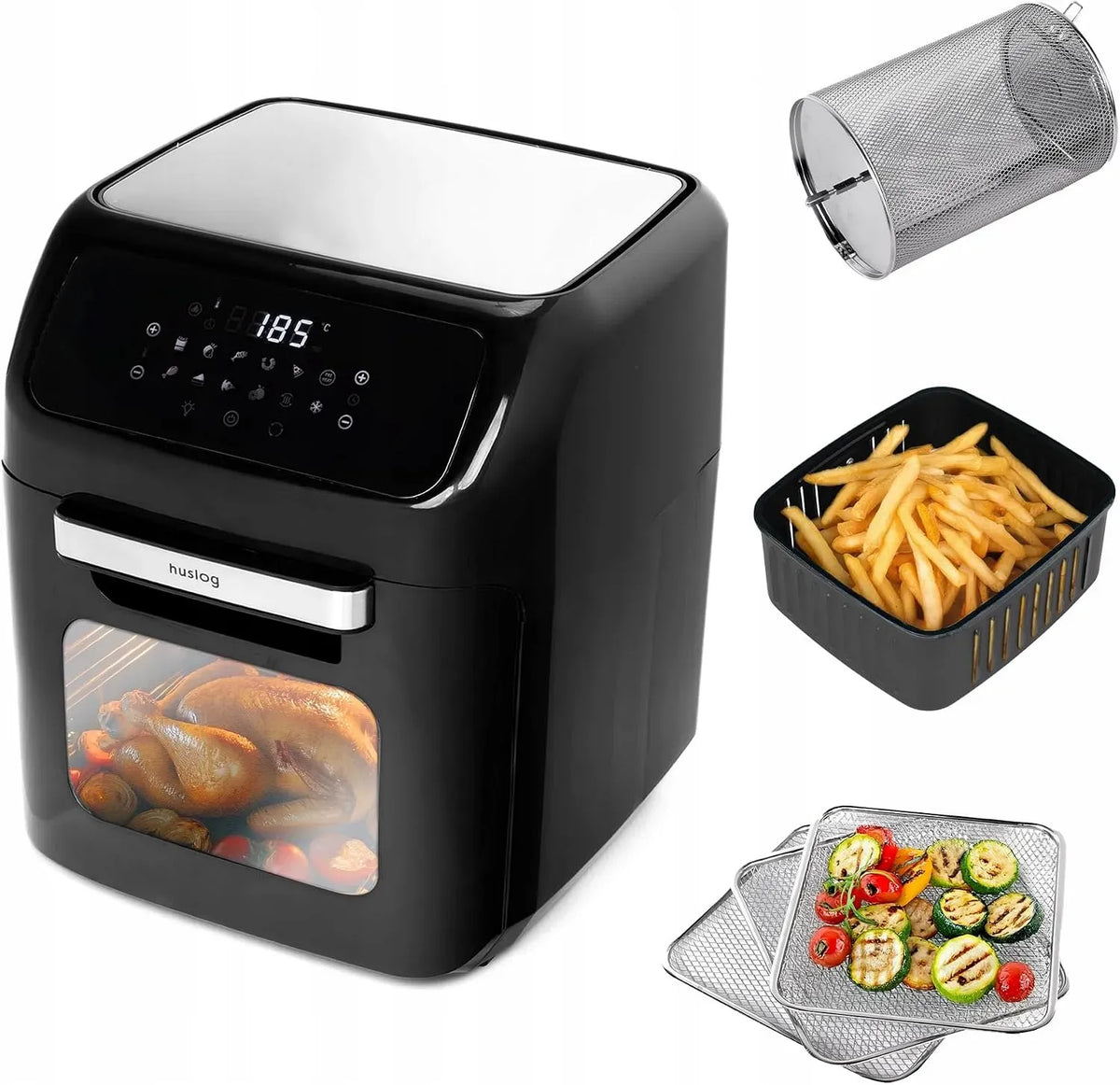 Four électrique XXL 12L, 12 L, 1800 W, 12 programmes, tactile, gril, compact, amovible, noir, Écran Tactile LED, Broche et Grilles Amovibles