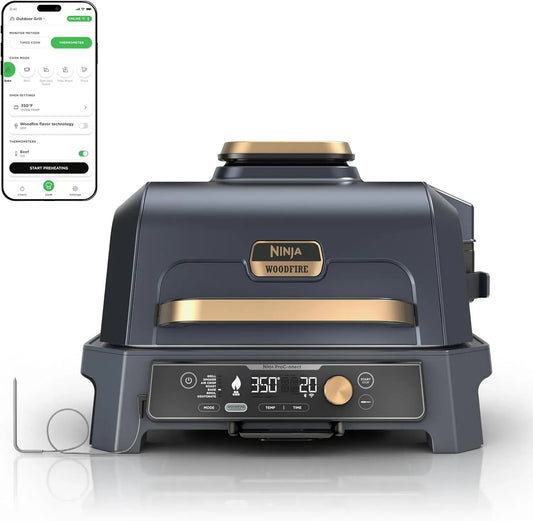 Ninja OG951BL1 Friteuse à air chaud, extérieur, Bluetooth, application, Woodfire Pro Connect XL Barbecue d'extérieur et fumoir, Barbecue 7 en 1